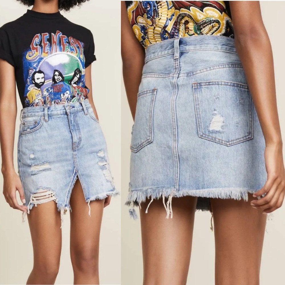 Free People Relaxed & Distressed Destroyed Denim Skirt Harvest Bell Size 28